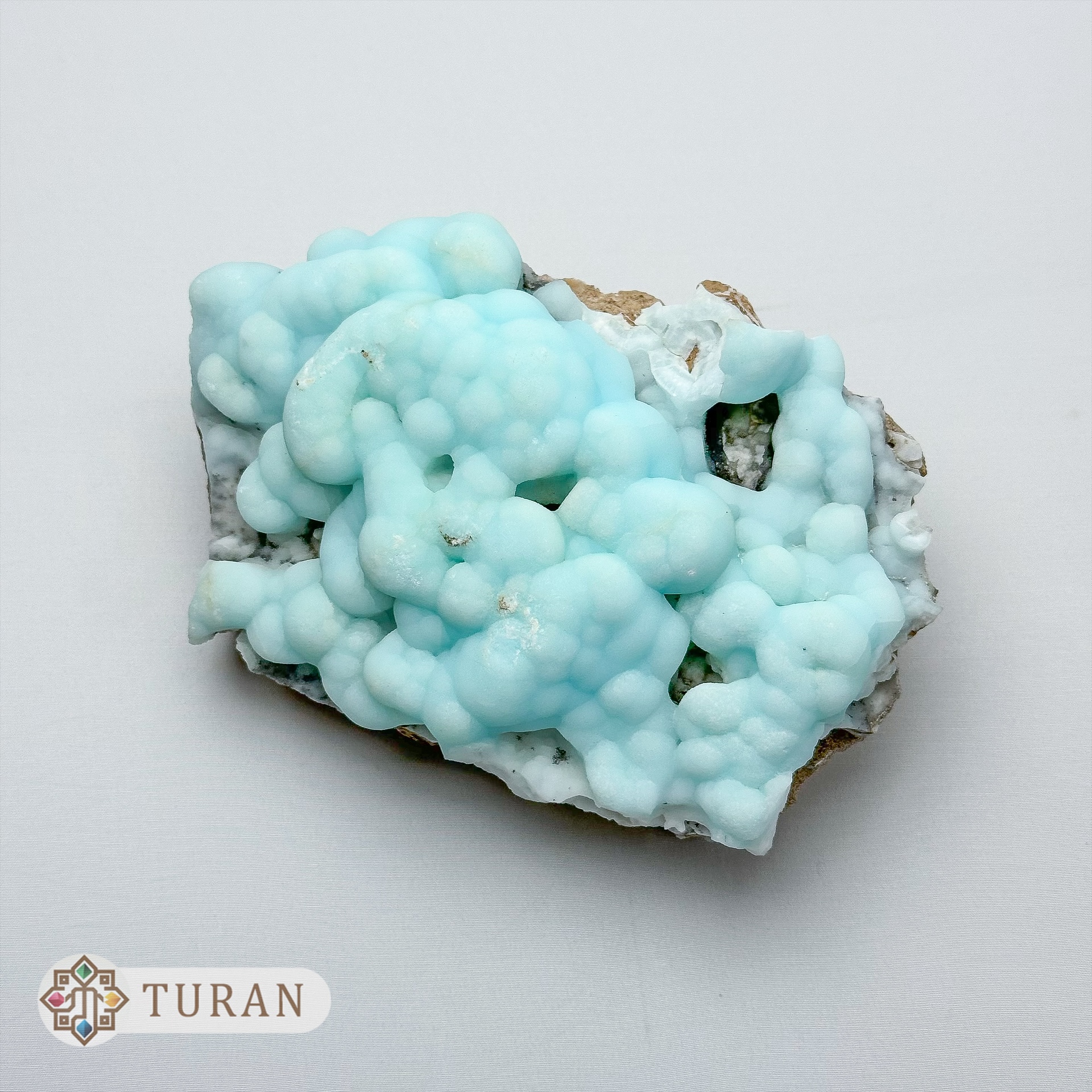 سنگ آراگونیت آبی بوتروئیدال طبیعی وکلکسیونی 1019 گرم